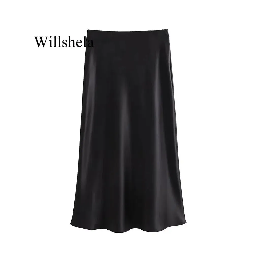 Willshela Women Fashion Satin Solid Pleated Midi Skirt Chic Vintage Style with Elastic Waist for Everyday Elegance