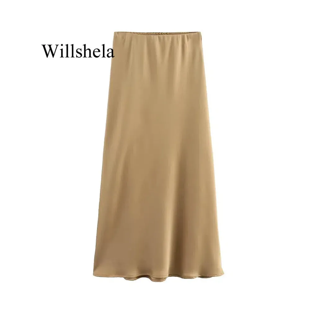 Willshela Women Fashion Satin Solid Pleated Midi Skirt Chic Vintage Style with Elastic Waist for Everyday Elegance