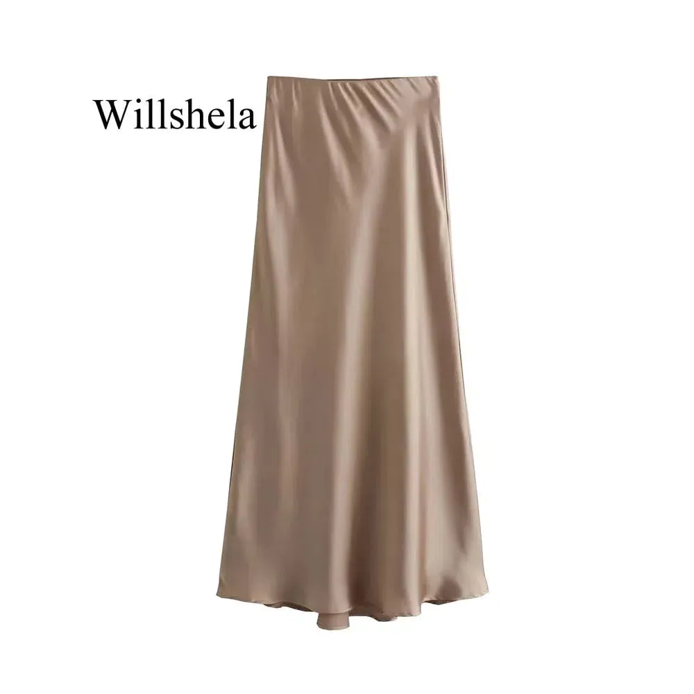 Willshela Women Fashion Satin Solid Pleated Midi Skirt Chic Vintage Style with Elastic Waist for Everyday Elegance