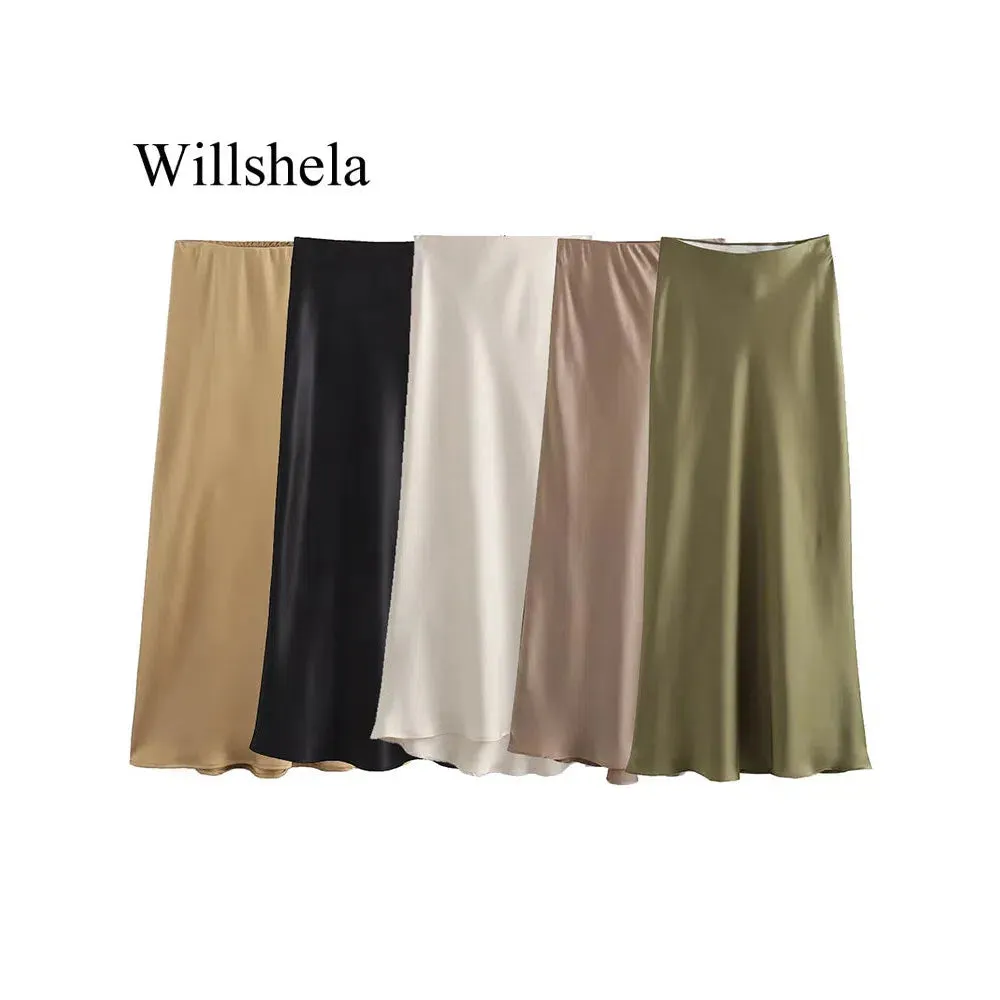 Willshela Women Fashion Satin Solid Pleated Midi Skirt Chic Vintage Style with Elastic Waist for Everyday Elegance