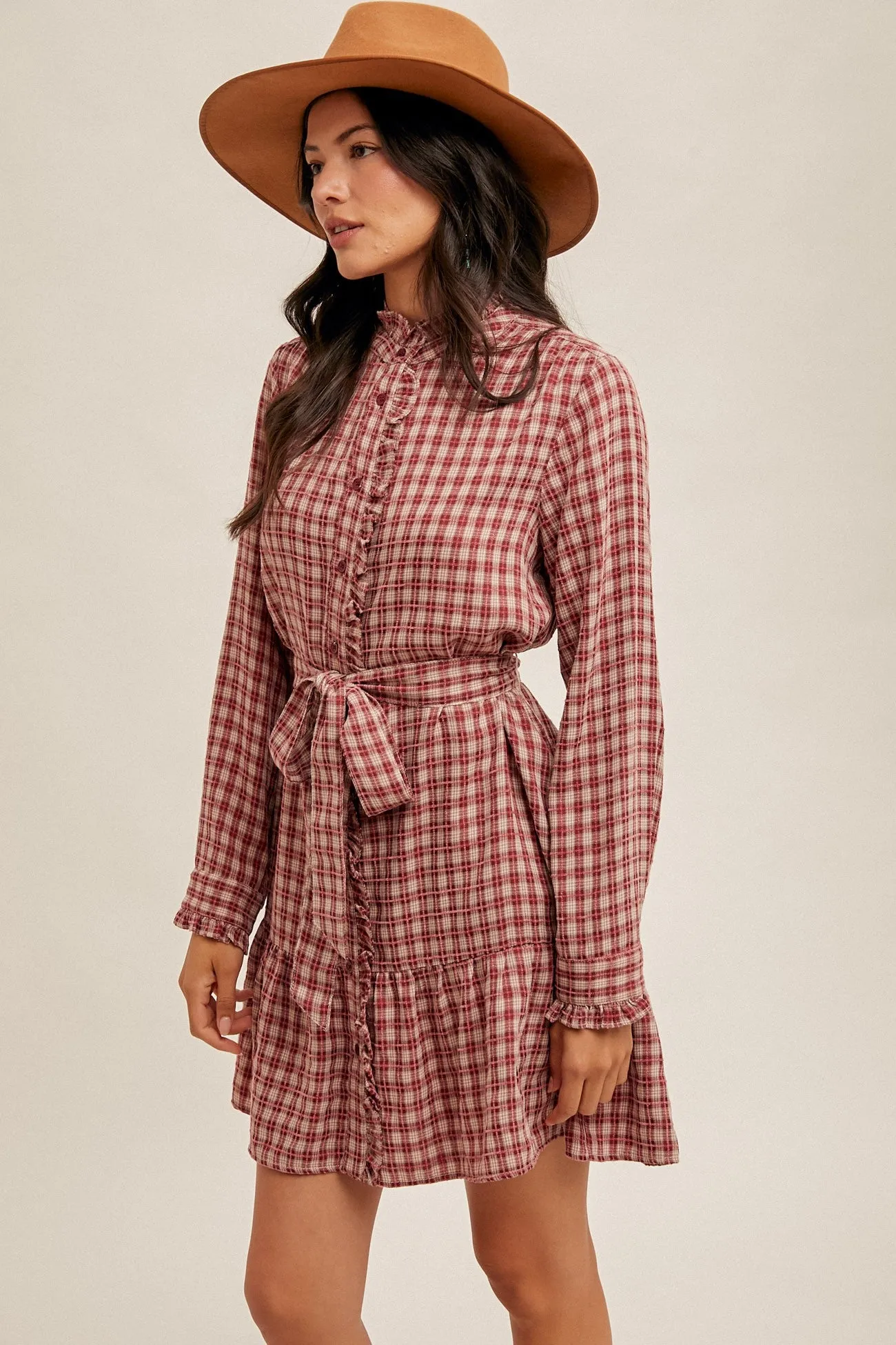 Wine Country Plaid Belted Ruffle Long Sleeve Shirt Dress