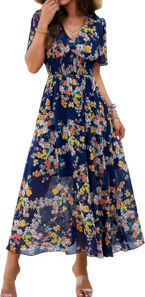 Women Floral Maxi Dress, V-Neck Short Sleeve Empire Waist Summer Boho Flowy Smocked Long Dress