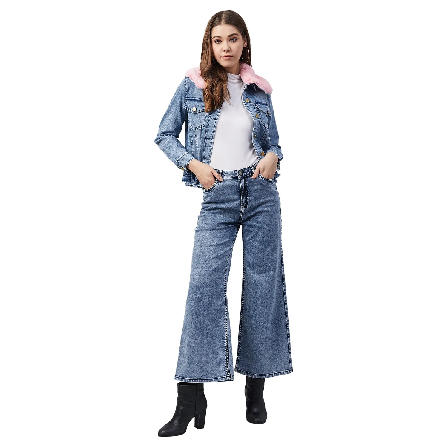 Women's Distressed Denim Jacket with Detachable Pink Fur Collar - StyleStone
