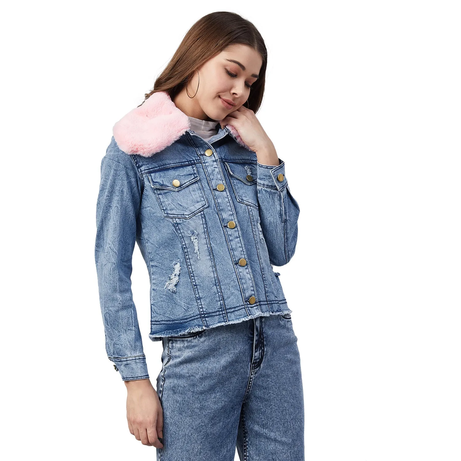 Women's Distressed Denim Jacket with Detachable Pink Fur Collar - StyleStone