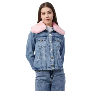Women's Distressed Denim Jacket with Detachable Pink Fur Collar - StyleStone