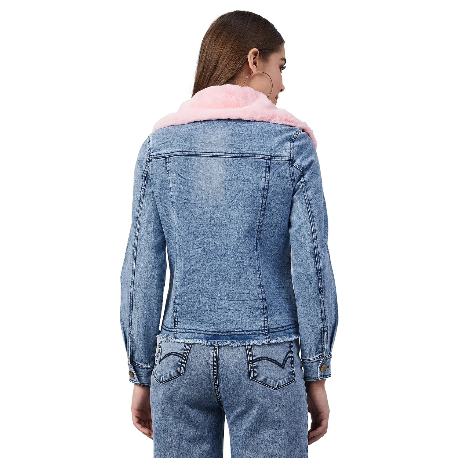Women's Distressed Denim Jacket with Detachable Pink Fur Collar - StyleStone