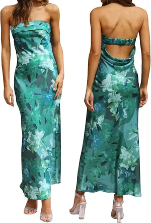 Women's Sexy Satin Tube Maxi Dress Elegant Silk Strapless Open Back Party Cocktail Wedding Guest Formal Long Dresses