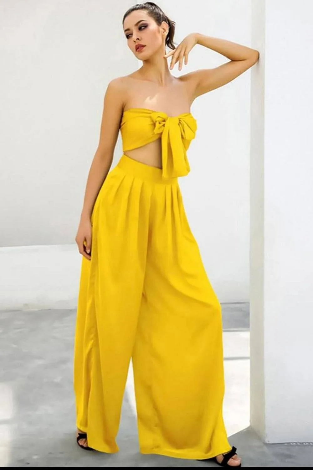 Yellow Strapless Tie Front High Waist Wide Leg Jumpsuit Pants Set