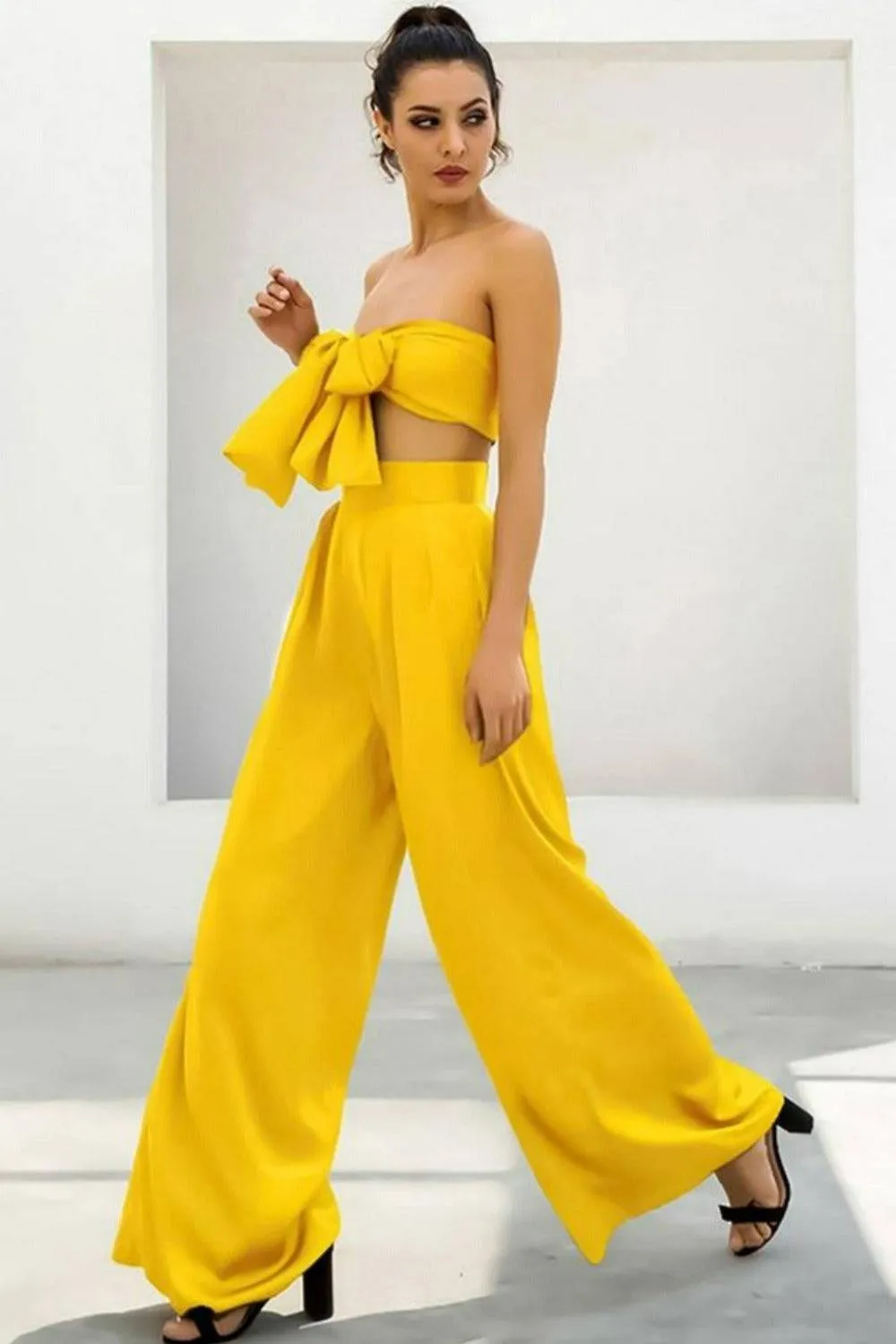 Yellow Strapless Tie Front High Waist Wide Leg Jumpsuit Pants Set