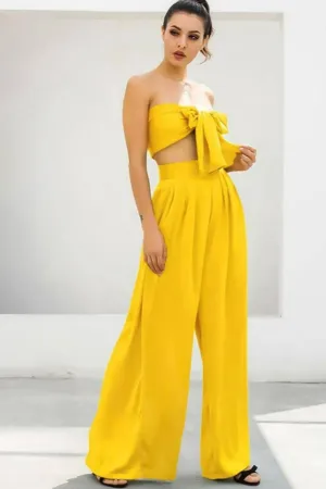Yellow Strapless Tie Front High Waist Wide Leg Jumpsuit Pants Set